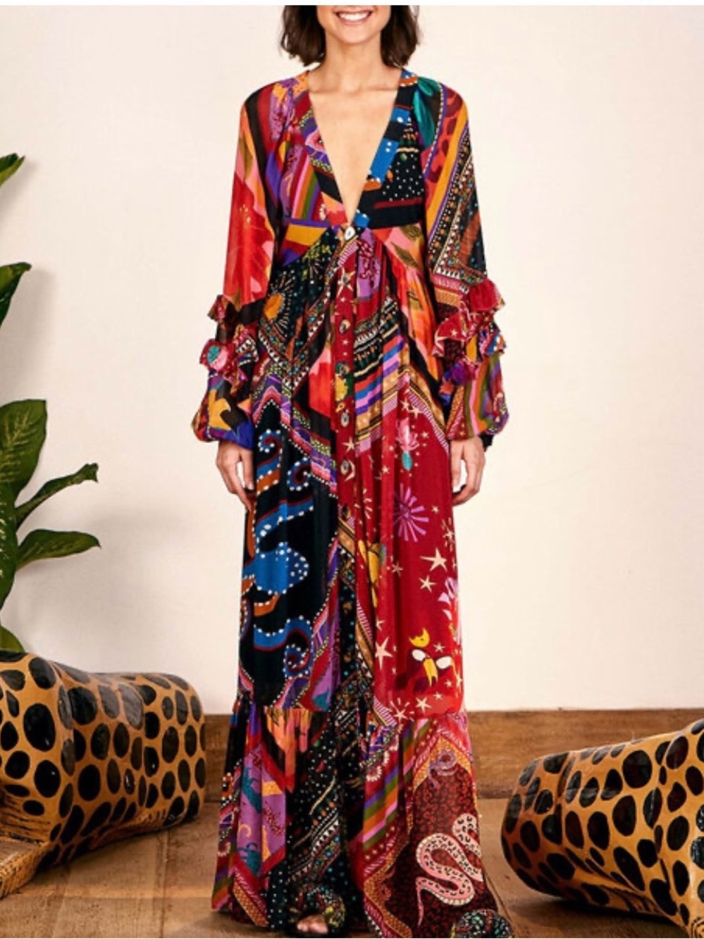 Farm Rio Mixed Print Button Front Maxi Dress Size XS